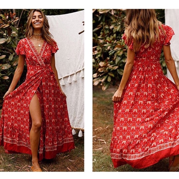 Bohemian Red Wrap Summer Maxi Dress - Picture 2 of 7
